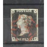 GB - 1840 Penny Black Plate 5 (B-F) showing vertical scratch in 'B' square, used, four margins close