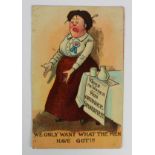 Suffragette political social history comic postcard. Miss Ortobee Spankdfirst "We only want what the