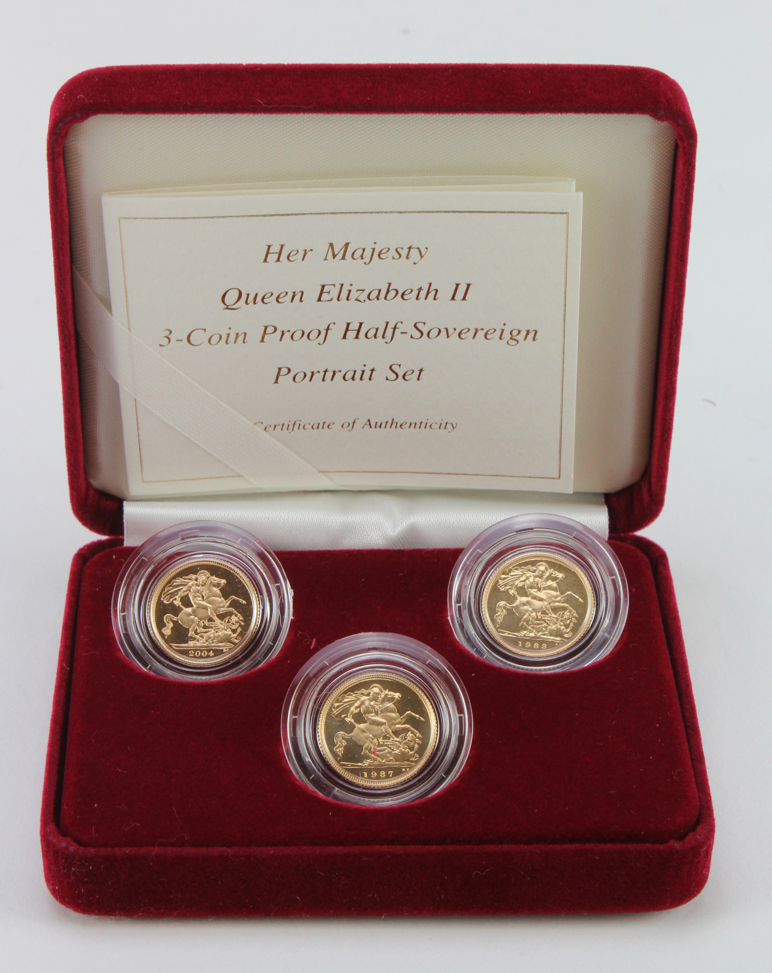 Half Sovereign three coin set "Portrait Collection" 1983, 1987 & 2004. All Proof FDC boxed with