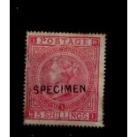 GB - 1867 5s rose stamp, Plate 1 overprinted SPECIMEN (type 2), light soiling.