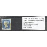 GB - 1840 Two Penny Blue Plate 2 (A-B) var.f. (cancelled by Red MX) four margins, no thins or