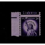 USA misplaced perforation error vertical shift 1954 Statue of Liberty 3c stamp, Scott 1035var SG.