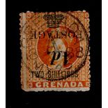 Grenada 1888-91 4d-on-2s orange stamp, surcharge in black setting (a) 4mm between value and POSTAGE,