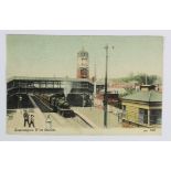 Railway station postcard. Southampton West Station Hampshire, interior with steam train at platform,