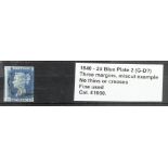 GB - 1840 Two Penny Blue Plate 2 (G-D?) three margins, miscut example, no thins or creases, fine