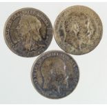 Sixpences (3): 1899 EF, 1903 GVF-nEF, and 1904 VF-GVF, all toned.