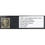 GB - 1840 Penny Black Plate 2 (O-E) four margins, purple coloured MX?, horizontal creases, good
