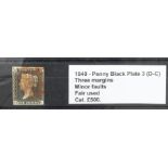 GB - 1840 Penny Black Plate 3 (D-C) three margins, minor faults, fair used, cat £500