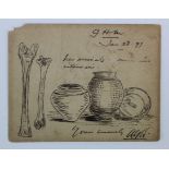 GB - hand-drawn court-size pictorial postcard showing bones artefacts pots, stamped GB ½d with