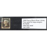 GB - 1840 Penny Black Plate 3 (D-K) four good to large margins, no faults, VFU, cat £500