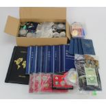 GB & World coins, crowns, sets, medals, a few banknotes etc; a stacker box of material. (BUYER
