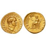 Roman Imperial: Vespasian gold aureus, Spanish Mint (Tarraco?), January-June AD 70. Pax seated l.