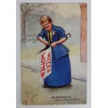 Suffragette political social history comic postcard. "The Suffragette Nails her Colours to the Mast"