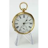 Gents 18ct cased open face pocket watch, hallmarked London 1886. The white dial with black roman
