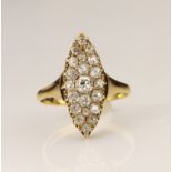 18ct yellow gold antique diamond navette cluster ring, set with twenty one old mine cuts,
