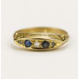 18ct yellow gold antique sapphire and diamond ring, two round 2mm sapphires with three graduated