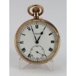 Gents 9ct open face pocket watch by Benson. Hallmarked Birmingham 1930. The white dial with black