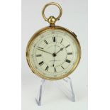 Gents 18ct cased open face pocket watch centre seconds chronograph, hallmarked Chester 1885. The