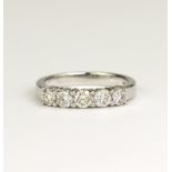 White gold (tests 18ct) diamond five stone ring, round brilliant cut total weight approx 1.01ct,