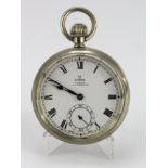 Gents open face pocket watch by Omega. (serial number 8910043). The signed white dial with black