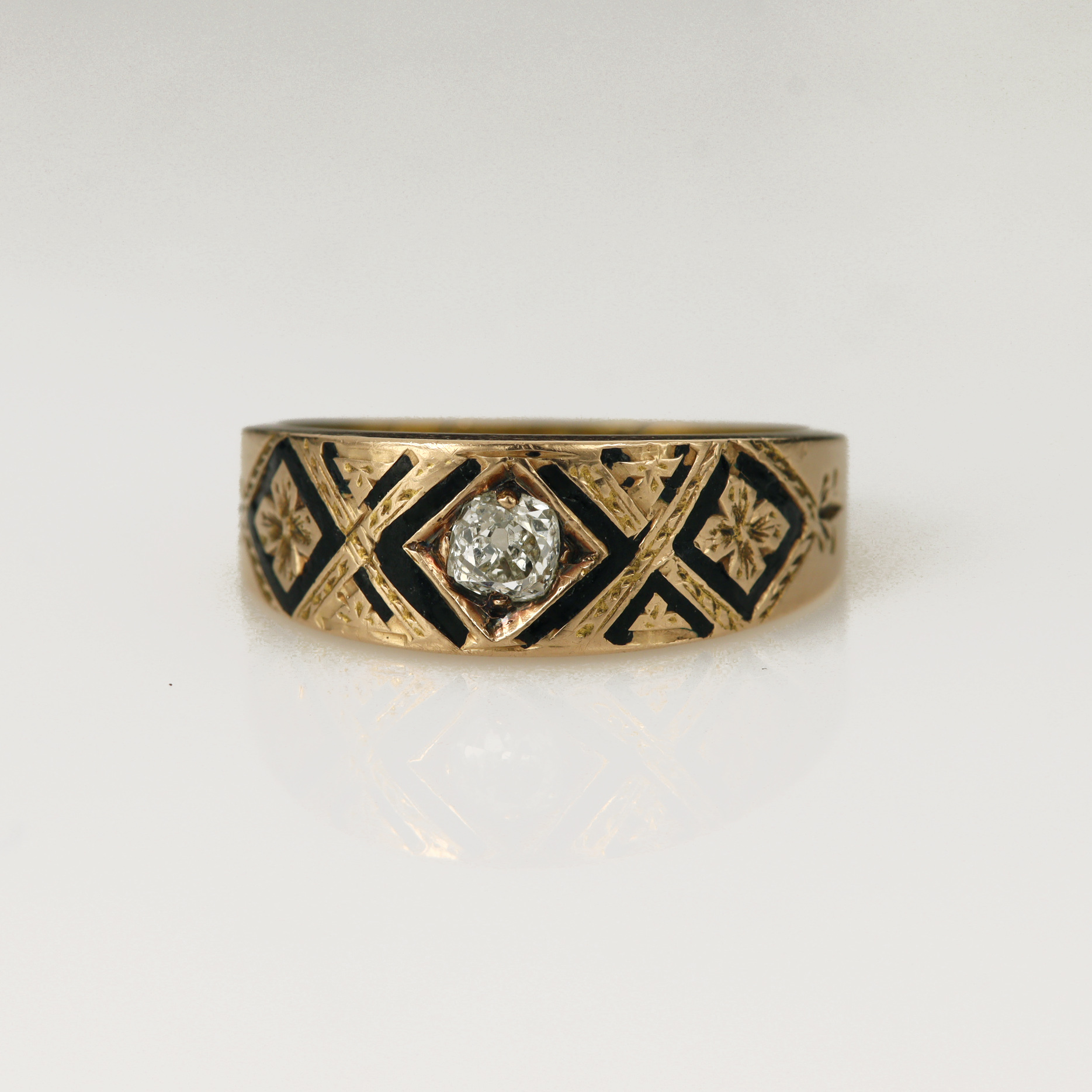 Yellow gold (tests 12ct) Victorian diamond mourning ring, set with one old mine cushion cut