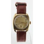 Gents 9ct cased wristwatch by Marvin. Hallmarked Birmingham 1947. On an old leather strap, watch