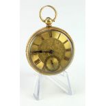 Gents 18ct cased open face pocket watch. Hallmarked Chester (date letter worn). The gilt dial with