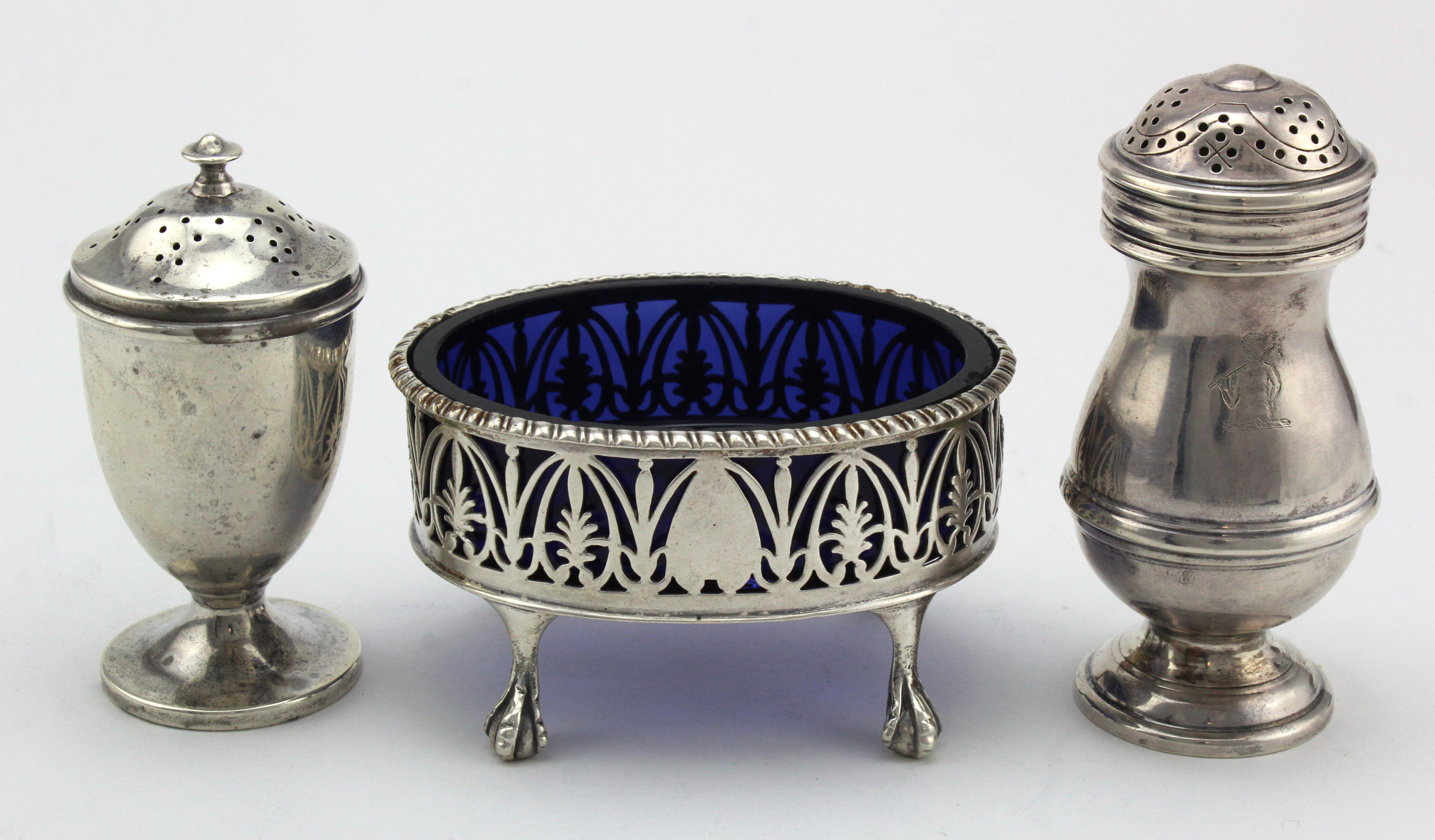 Georgian open-work silver salt with blue glass liner (the liner has some damage & there is a small