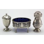 Georgian open-work silver salt with blue glass liner (the liner has some damage & there is a small