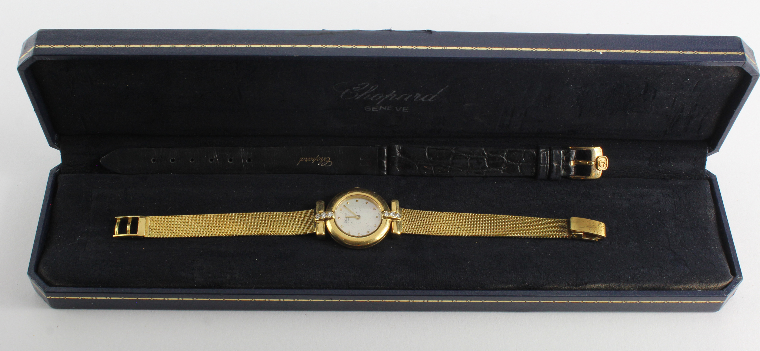 Yellow gold (tests 18ct) ladies Chopard wristwatch, mother of pearl dial and dot makers, diamond set