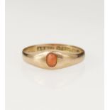 9ct yellow gold Edwardian coral gypsy ring, cabochon coral measures 3.9mm x 2.9mm, roman set,