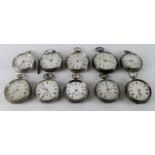 Ten silver cased open face pocket watches (44mm dia or above). All AF