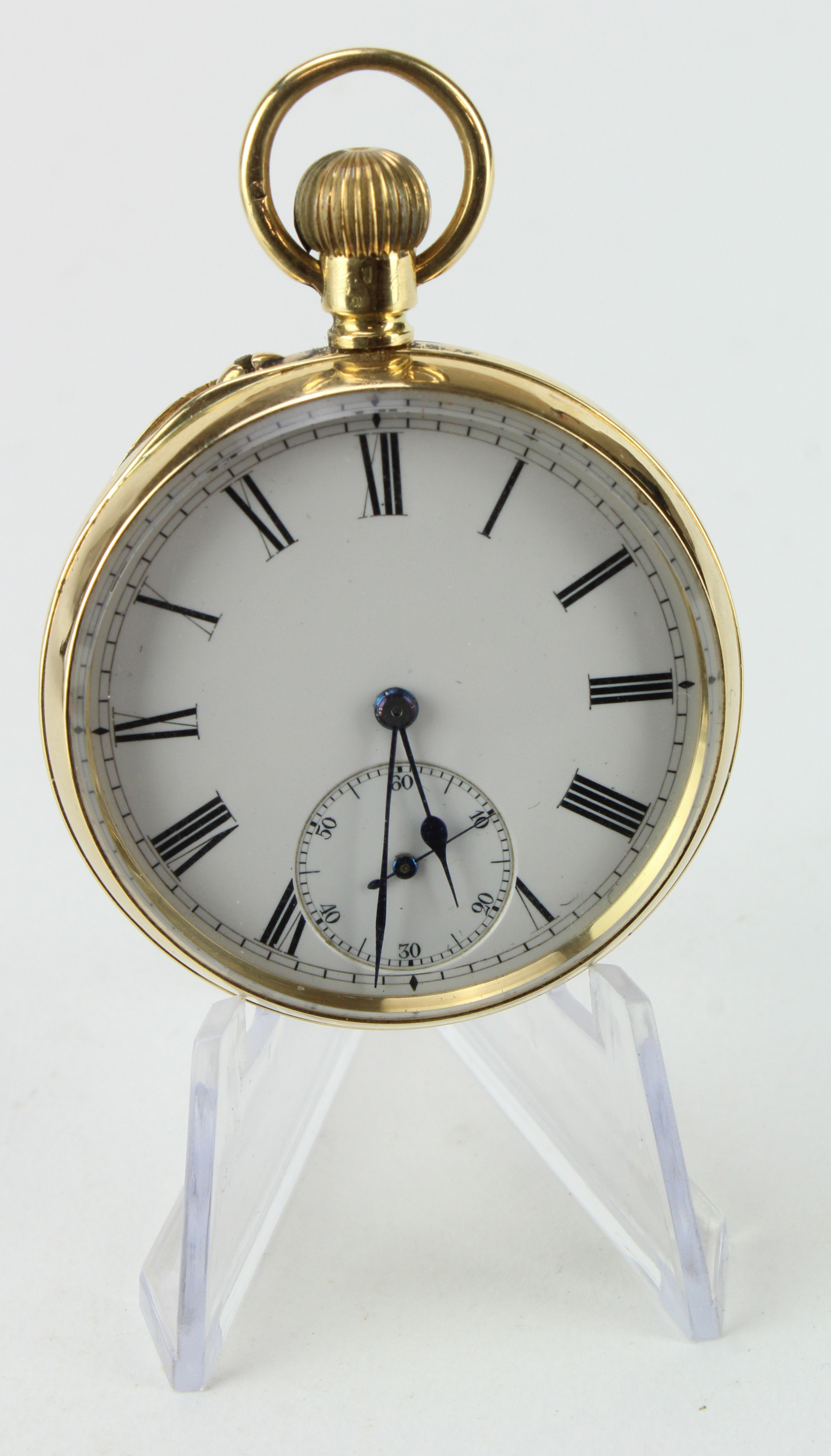 Gents 18ct cased open face pocket watch (stamped 18K). The white dial with black roman numerals