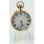 Gents 18ct cased open face pocket watch (stamped 18K). The white dial with black roman numerals
