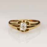 Yellow gold (tests 10ct) antique diamond solitaire ring, old mine cushion cut weight approx 0.