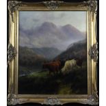 Hall, Henry R (British 1859-1927) Oil on canvas. Title verso, 'Highland Cattle, in the pass of