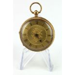 Mid-size 18ct cased open face pocket watch, hallmarked London 1874. The gilt dial with black roman