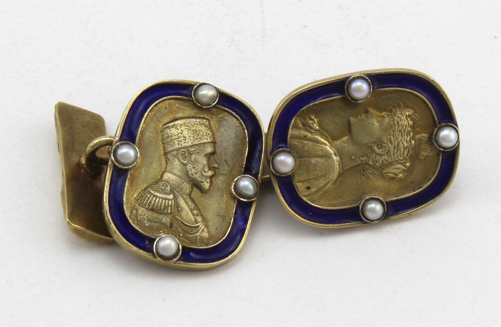 Russian silver -gilt & enamel Emperor Nicholas 11& Empress Alexandra cufflinks (possibly made to