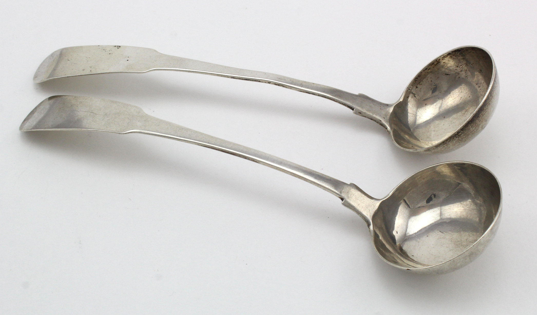 Pair of Scottish silver fiddle pattern toddy ladles- hallmarked J.D. (Jas. Downie) Glasgow, 1820.