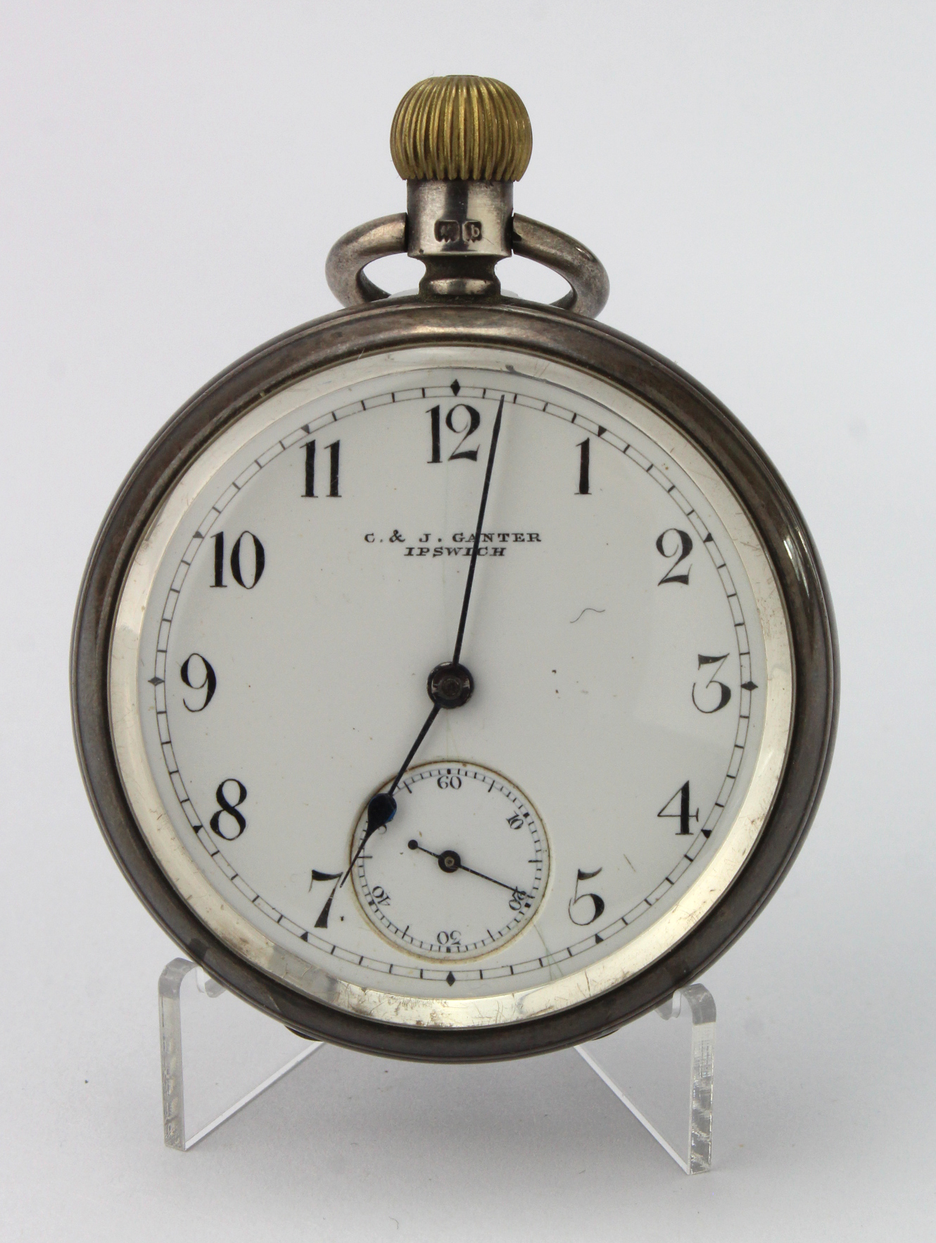 Gents silver cased open face pocket watch by "C & J Ganter Ipswich". Hallmarked Birmingham 1901. The