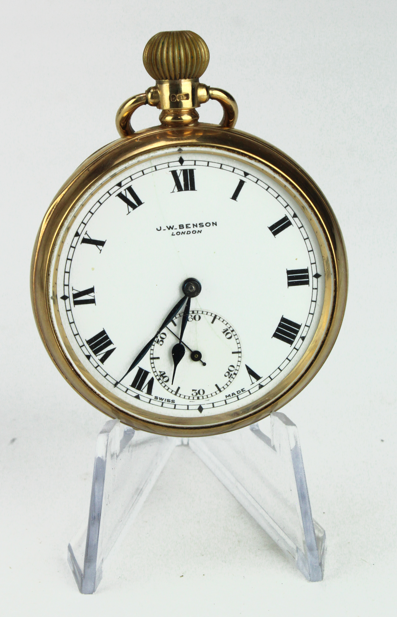 Gents 9ct cased open face pocket watch by Benson, hallmarked Birmingham 1921. The white dial with