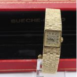 Ladies 9ct cased Bueche-Girod manual wind wristwatch, hallmarked 1968. On a 9ct integral bracelet,