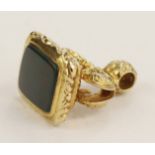 Hallmarked 9ct yellow gold fob set with bloodstone, measurements 30mm x 21mm, weight 14.3g