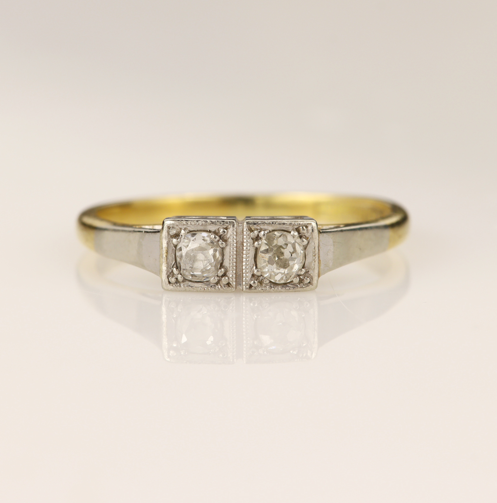 Yellow gold (tests 18ct) Toi Et Moi diamond ring, set with two old cut diamonds total weight