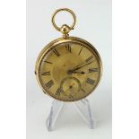 Gents 18ct cased open face pocket watch, hallmarked Chester 1871. The gilt dial with black roman