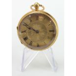 Mid-size 18ct cased open face pocket watch, hallmarked London 1882. The gilt dial with black roman