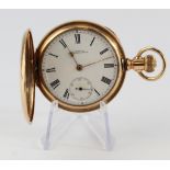 Gold plated half hunter pocket watch, by A. W. W. Co., Waltham, Mass, with Roman numerals and