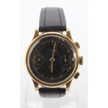 Gents 14ct cased chronograph wristwatch by Marvin. The black dial with two subsidiary second dials