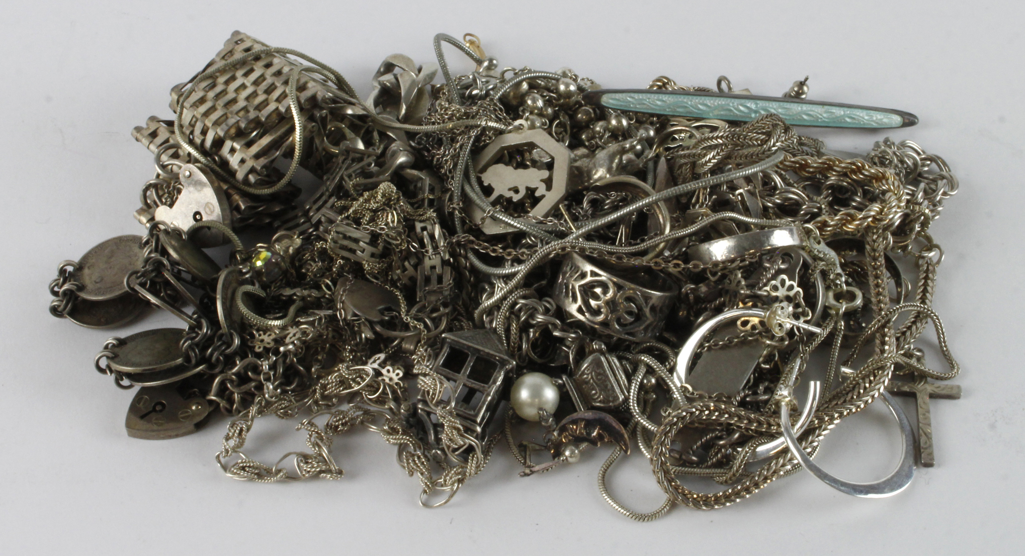 Jewellery. A collection of mostly silver jewellery, including necklaces, bracelets, rings, etc.,