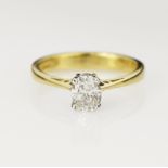 18ct yellow gold diamond solitaire ring, oval brilliant cut approx weight 0.58ct, estimated colour